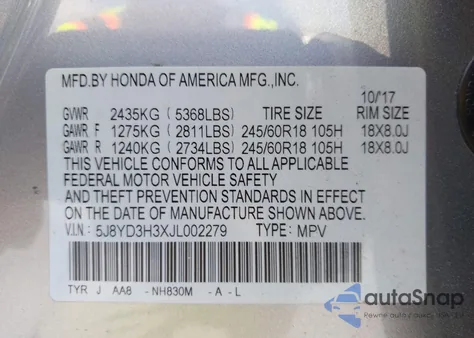 2018 Acura Mdx z USA, uszkodzony, nr VIN 5J8YD3H3XJL002279
